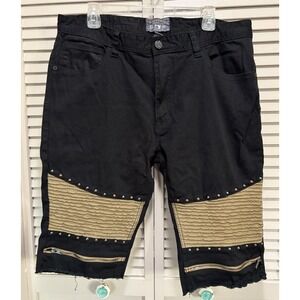 Bleecker & Mercer Bermuda Shorts Logo Size‎ 38 Mid Rise Black/Tan Raw Hem Studs